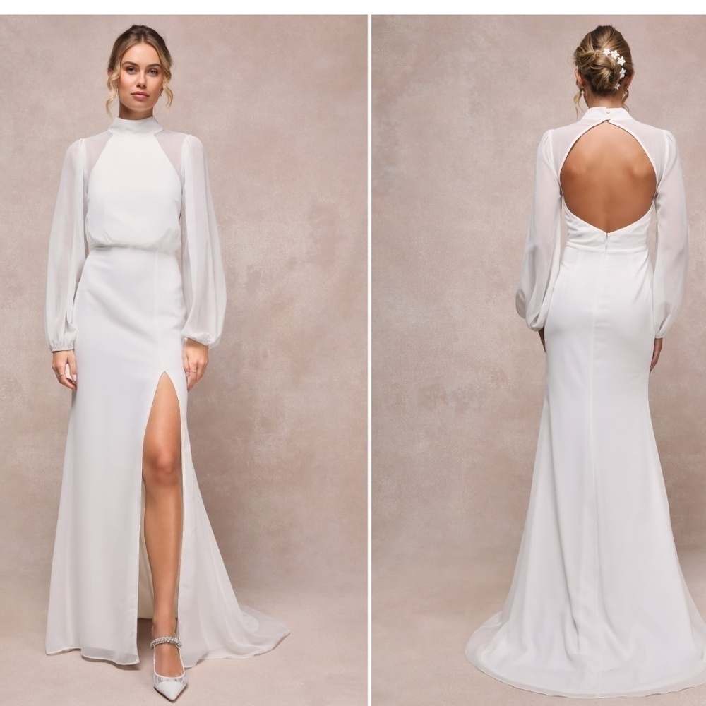 LULU's Graceful Love White Long Sleeve Backless Elegant Mermaid Bridal Gown